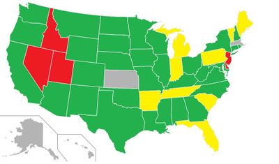 Overview of hitchhiking laws by state. Green: Hitchhiking legal while on the shoulder of the road Yellow: Hitchhiking legal while off the traveled portion of the road, stay in the grass to be safe. Red: Hitchhiking is completely illegal. Gray: Specific laws, check the respective state article(s).